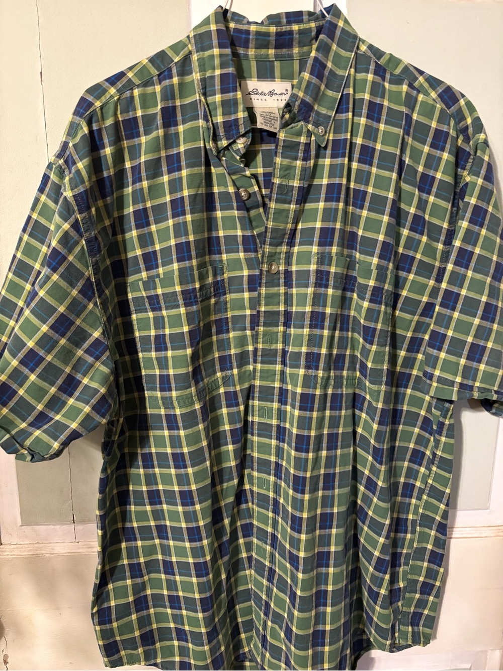Eddie Bauer Blue and Green Plaid Short-Sleeve Button-Down Shirt